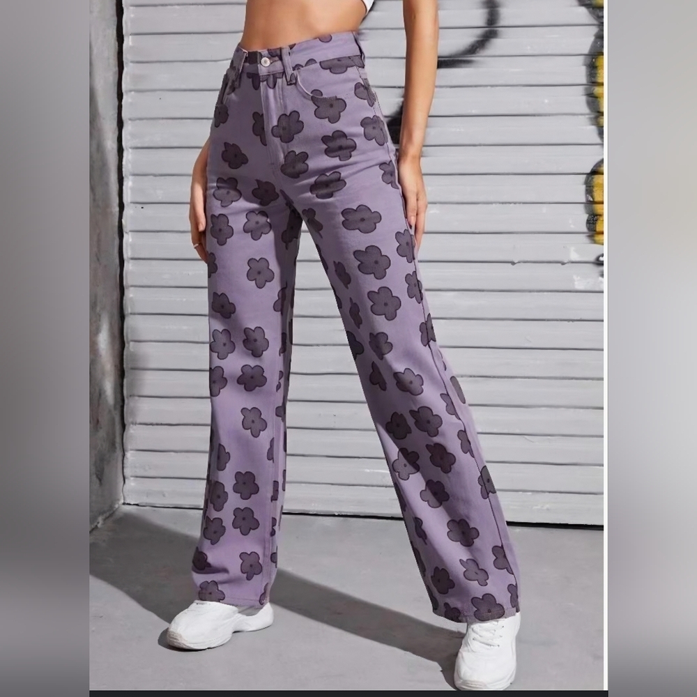 SHEIN Purple Floral Wide Leg Jeans